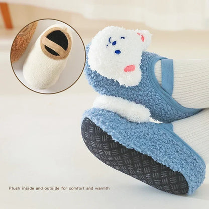 Warm Newborn First Walker for Boy Girl Cartoon Animal Bear Indoor Non-slip Floor Shoes Winter Fury Plush Floor Shoes