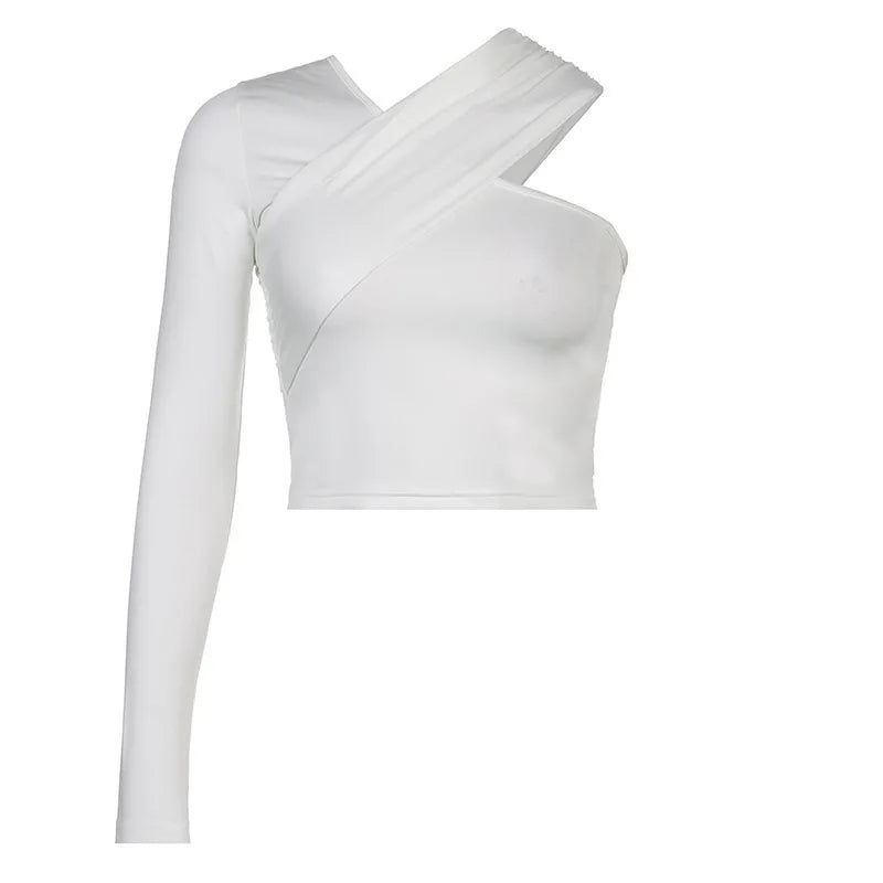 Personalized Street Hottie Single Shoulder Solid Color Top Sexy Off-the-shoulder Slim-fitting Long-sleeved Bottoming Shirt.
