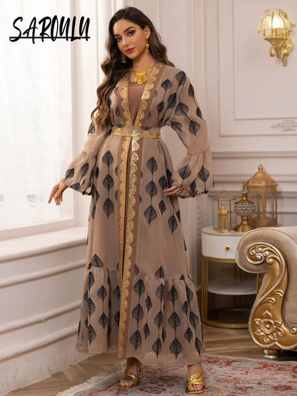 Khaki Sequined Dubai A Line Evening Dress Muslim Long Sleeves Two Pieces Women Wear Fast Shipping Dancing Party Prom Gown.