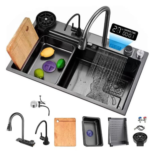 Intelligente Küchenspüle aus Edelstahl, verdickte gebürstete Oberfläche, großes Fassungsvermögen, Waschbecken mit Digitalanzeige, Küchenspüle