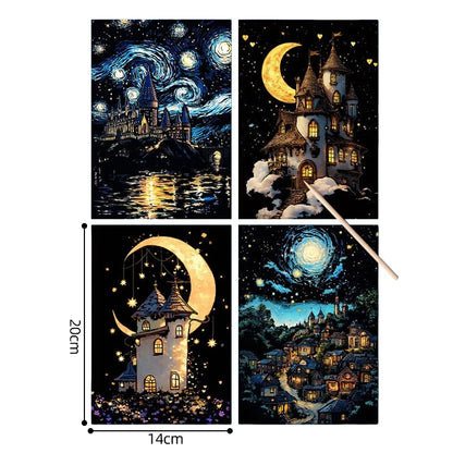 4PCS Glow in Dark Scratch Paper Animals Cards Magic Painting Art with Stylus Stress Relief Drawing Toy DIY Craft Kids Adult Gift.