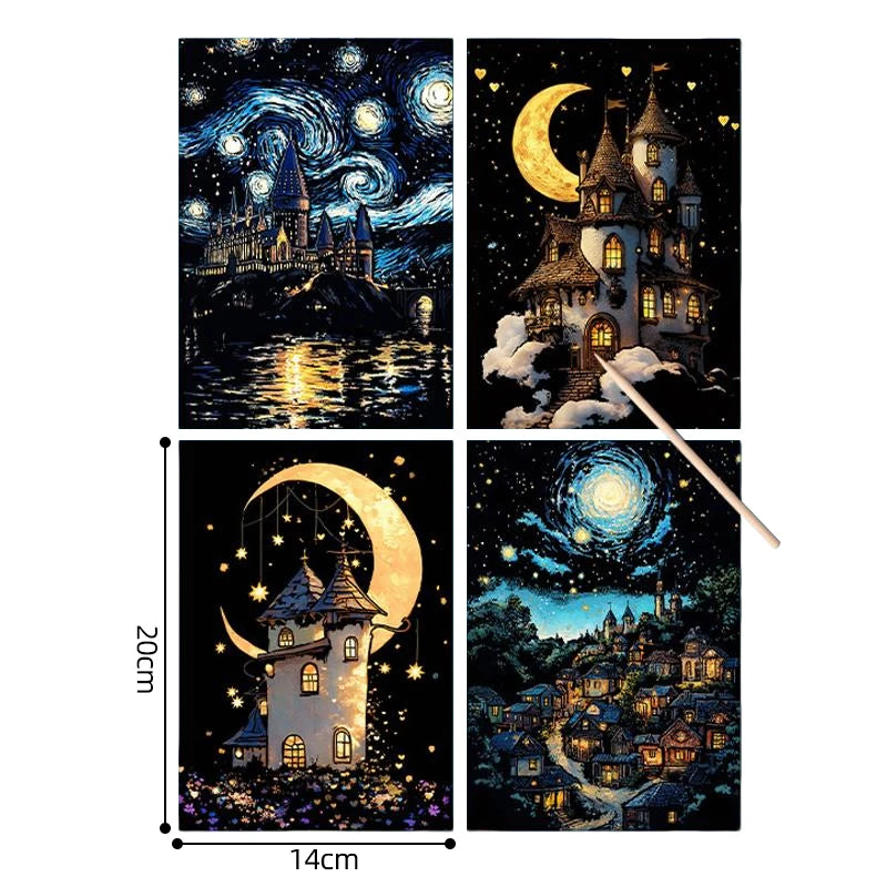 4PCS Scratch Art Paper World Landmarks Animals Painting Toy with Stylus Stress Relief Drawing Kids Adult Gift Glow in Dark Craft