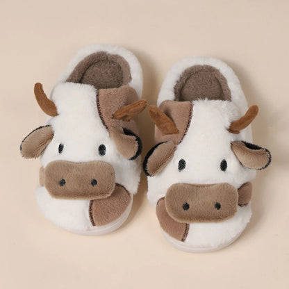 Shevalues Plush Cartoon Milk Cow Slippers Winter Women Slippers Furry Non-Slips Women Cotton Slides Couples Soft Cozy Flat Shoes