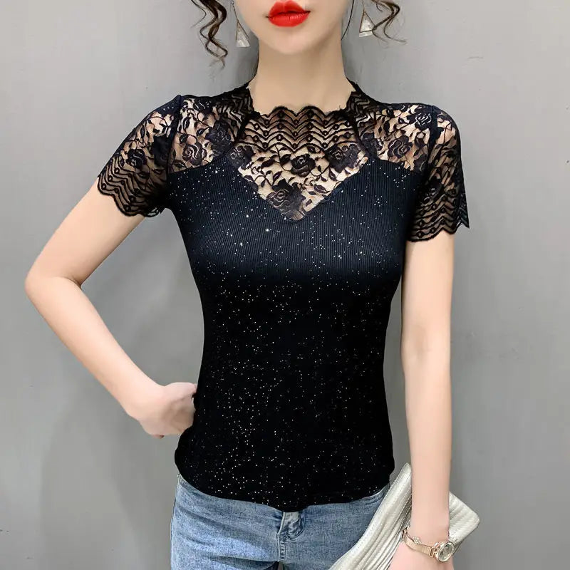 Summer Women Tops Patchwork Bright silk Mesh T shirt Pathcwork Short Sleeve Lace Shirt.