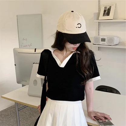 American Style Sweet And Spicy Girl Polo Shirt Women's Summer New Student Design Slimming Short Sleeve T-shirt Color Block.