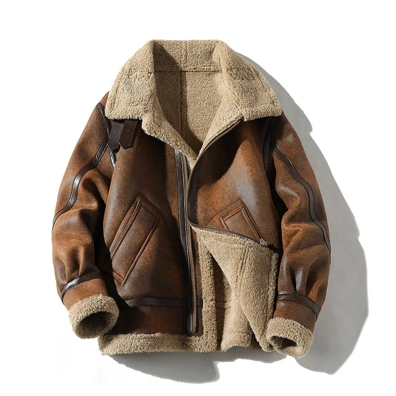 Mens Retro Suede Lambhair Jacket Thick Winter Fur Large Size Motorcycle Leather Coat Trendy.