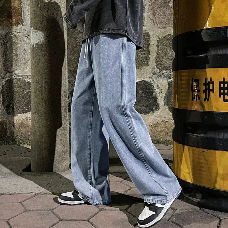2024 New Men's Jeans Korean Casual Pants High Street Straight Student Loose Wide Black Grey Blue Baggy Denim Pants.