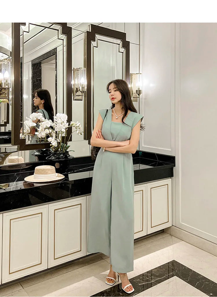 H Han Queen Summer Elegant Business Jumpsuits Women Simple Wide Leg Long Playsuits Korean Sleeveless Casual Rompers Office Lady.