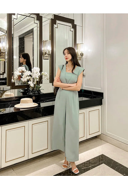 H Han Queen Summer Elegant Business Jumpsuits Women Simple Wide Leg Long Playsuits Korean Sleeveless Casual Rompers Office Lady.