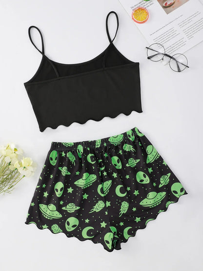 Sommer-Pyjamas für Damen, sexy Alien-Druck, Schlinge, Nachtwäsche, V-Ausschnitt, Pyjama, Homewear, ärmellos, niedliches Top und Shorts-Sets