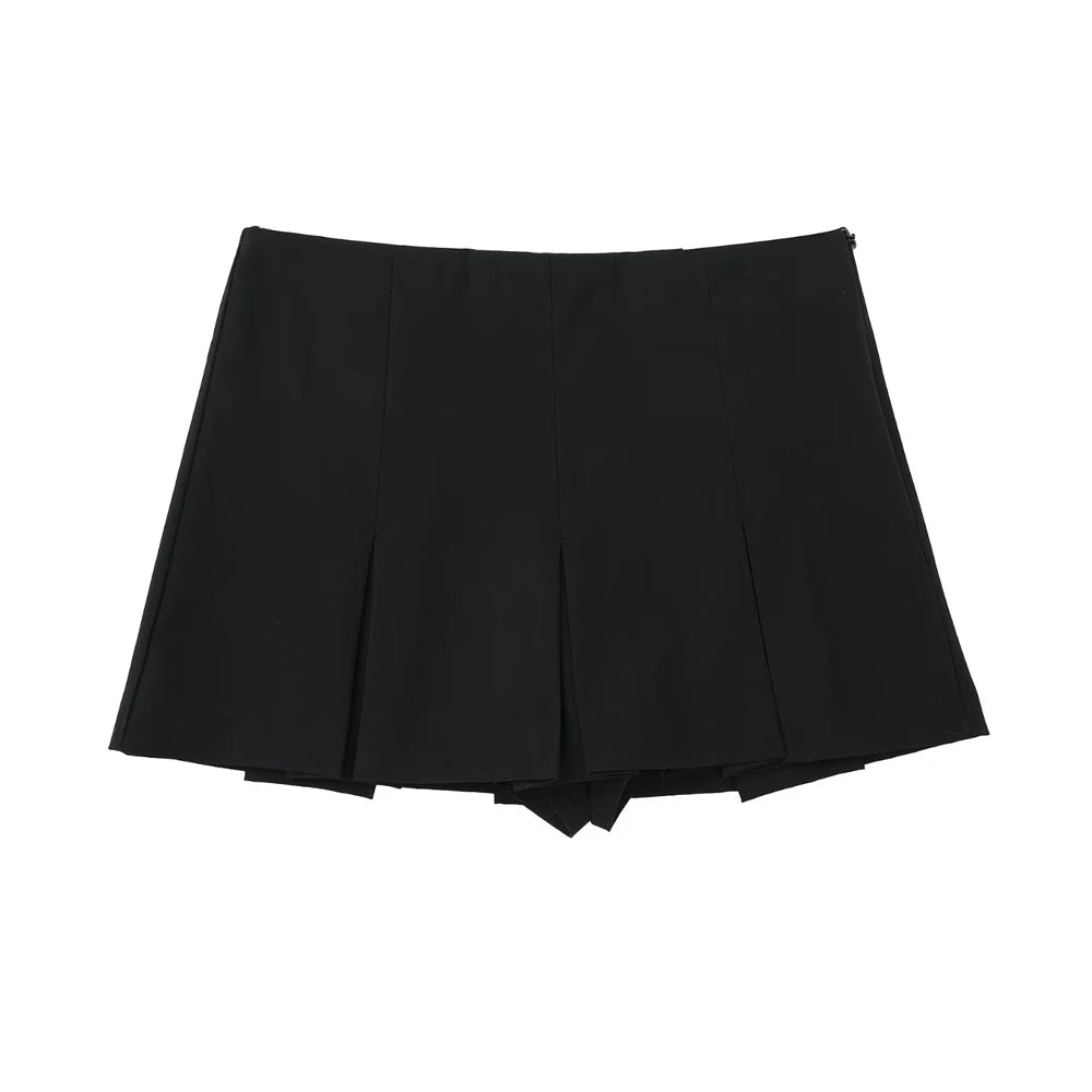 Women Fashion With Pleated Shorts Skirts Vintage High Waist Side Zipper Female Skort Mujer.