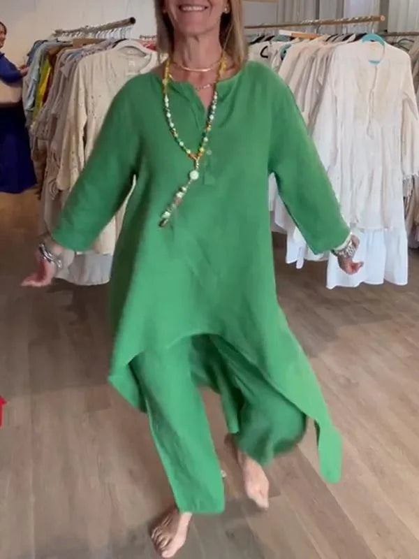 Spring Autumn Solid Color O Neck Seven-point Sleeve Long Women Suit Retro Casual Loose Seven-point Pants Cotton Linen 2piece Set.