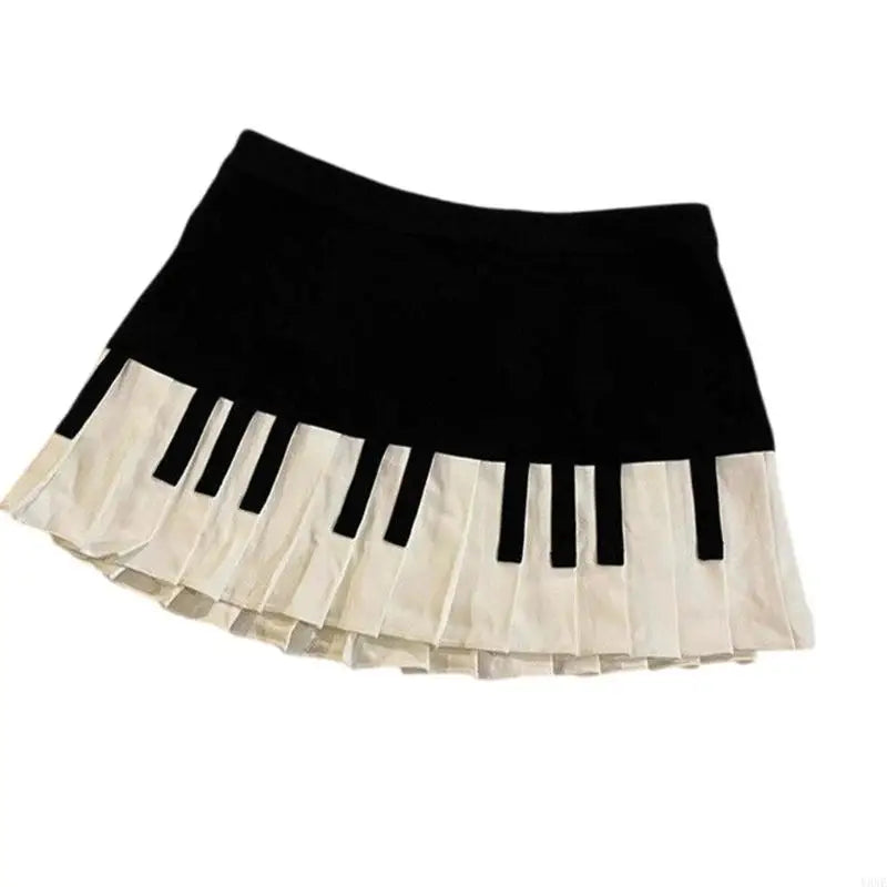 Y3NE Women Schoolgirl High Waist Pleated Flared Vintage Piano Print A Line Mini Skirt.