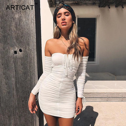 Arctic Cat Frauen Herbst Winter Verband Kleid Frauen 2022 Sexy Off Schulter Lange Hülse Dünne Elastische Bodycon Party Kleider Vestidos