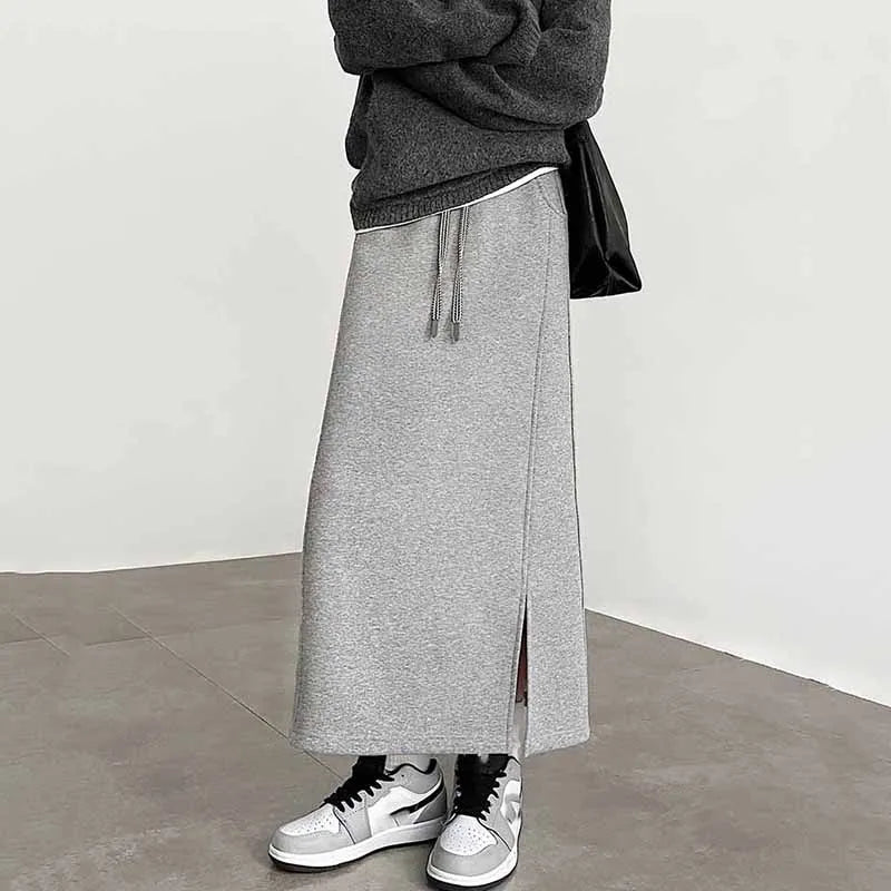 Women's Gray Split Midi Skirts Elasticity Waist Casual Loose Long Skirts Female Autumn Winter Thicken Plus Velvet Straight Skirt.