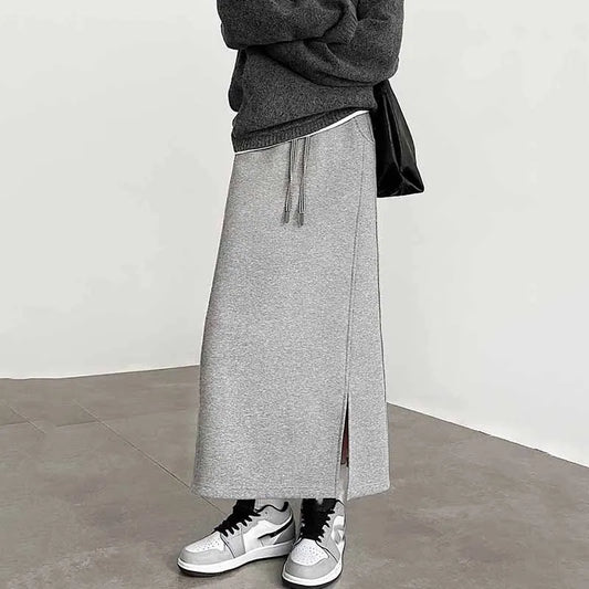 Women's Gray Split Midi Skirts Elasticity Waist Casual Loose Long Skirts Female Autumn Winter Thicken Plus Velvet Straight Skirt.