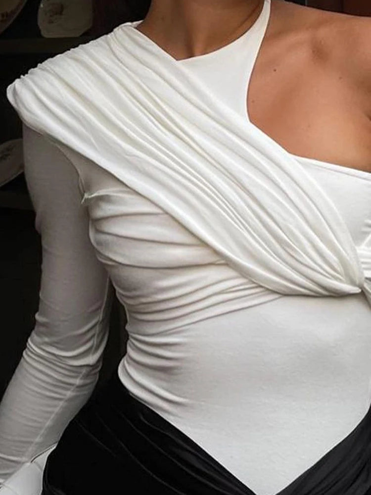 Cryptographic One Shoulder Sexy Backless Twist Bodysuits Women Long Sleeve Top Slim High Waist Bodysuit Club Party Streetwear.