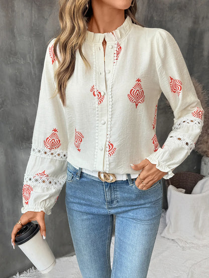 Women's Printed Casual Trendy Stand Collar Single-breasted Loose Shirts European New Fashion Female Ethnic Clothes Tops Cardigan.