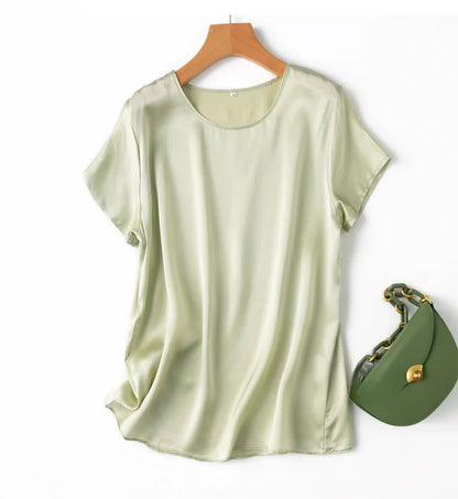 Women 100% Mulberry Silk 19 Momme half sleeve Crew Neck Top Shirt Blouse T-shirt More Colors M L XL MM4270