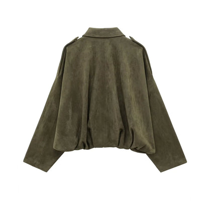 TRAFZA Damen-Jacke mit Wildleder-Textur, High Street, lange Ärmel, Umlegekragen, elastischer Reißverschluss, Knopfleiste, solider, trendiger Frühlingsmantel