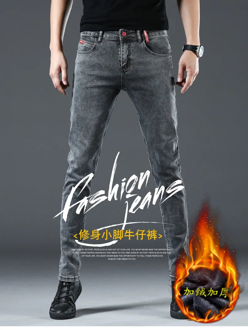 Winter Thick Plus Velvet Men Middle Waist Skinny Jeans Simple Fleece Warm Slim Fit Stretch Boy Casual Denim Pencil Pants.