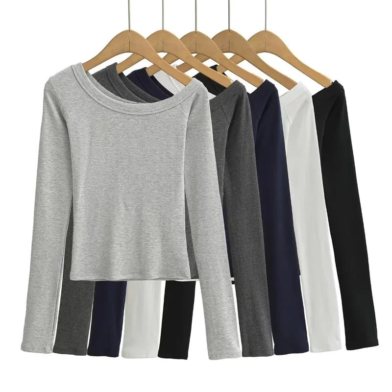 Women's One Shoulder Long Sleeve Fitted Top Elegant Casual Style.