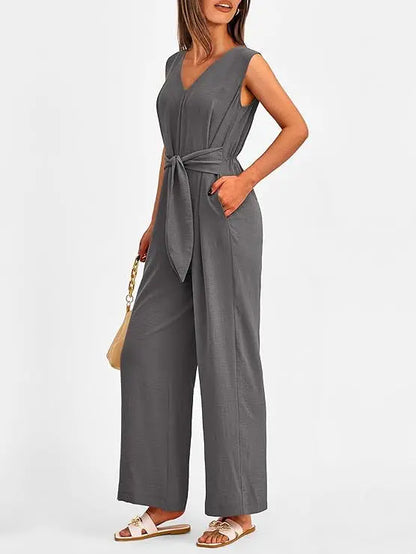 Summer High Waist Lace-up Jumpsuits Women 2025 New Sleeveless V-neck Side Pocket Solid Casual Jumpsuit Office Ladies Rompers