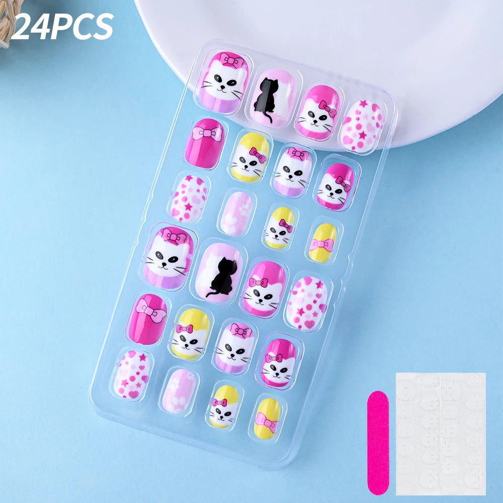 24Pcs/box Kids nails for Girl Cartoon Pattern False Nail Cute Child Fake Nails Tips Kawaii Acrylic Artificial Press on Nail+Tool
