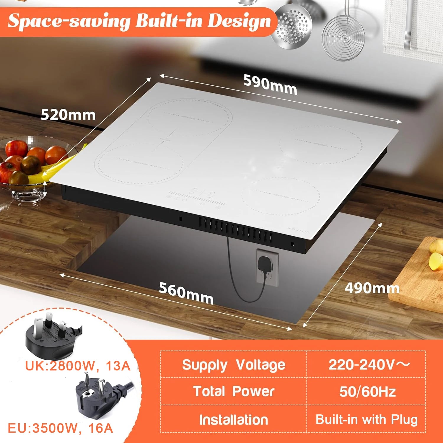 NOXTON White/Black Induction Hob Plug in, (UK:2800W/EU:3500W) 4 Zones with 1 Grill Zone, 60CM Touch, Safety Lock,Ceramic Glass.