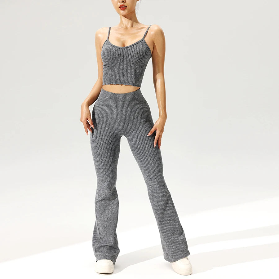 2pcs/set Seamless Flared Pants Ribbed Tank Top Outfit Women Gym Yoga Clothes Flared Trousers Vest Set Sexy for Clubs Date Nights.