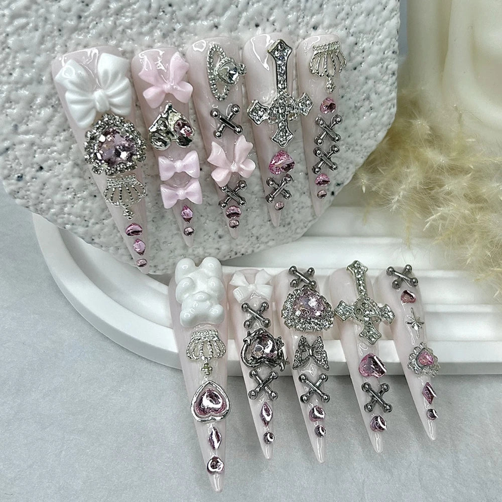 10PCS Y2K Pink Jirai Cute Long Handmade Press On Nails Shibuya Gyaru Bow Heart Cross Diamond Crown Stiletto Fake Nails Nail Art.