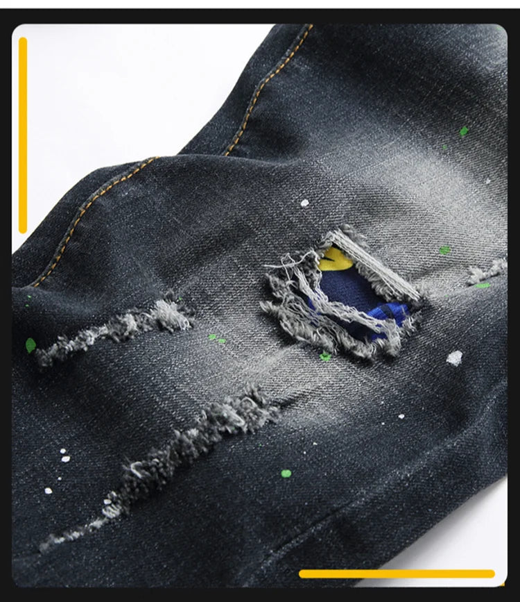 Mode Neue Slim Stretch Zerrissene Jeans männer Streetwear Farbe Flecken Denim Hosen Hip Hop Punk Persönlichkeit Loch Männliche Hosen.