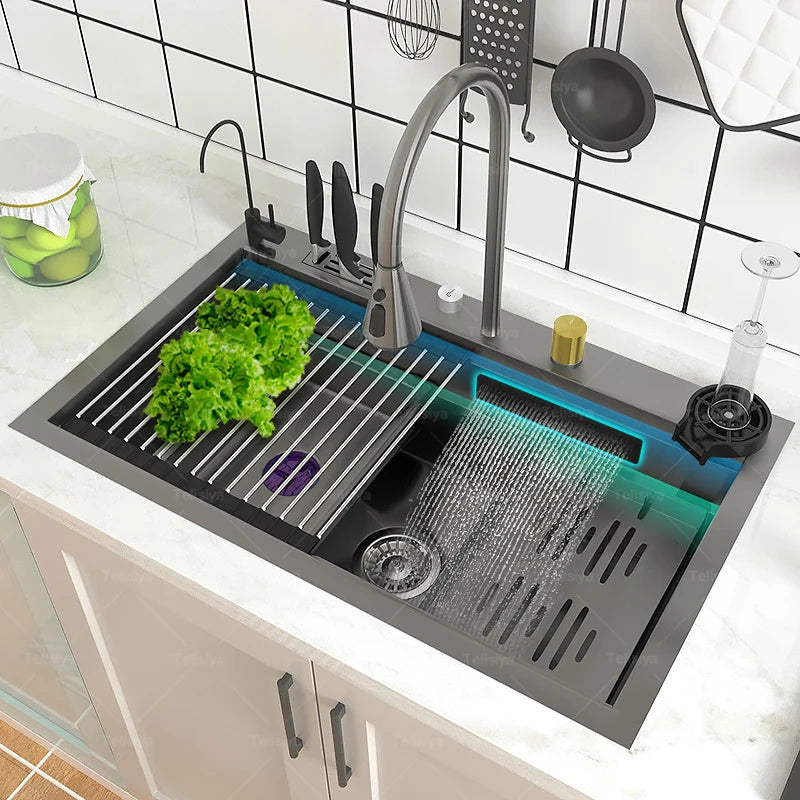 Stainless Steel New Kitchen Sink Household Piano Keys Multifunctional Waterfall Large Single Slot Dish and Vegetable Wash Basin