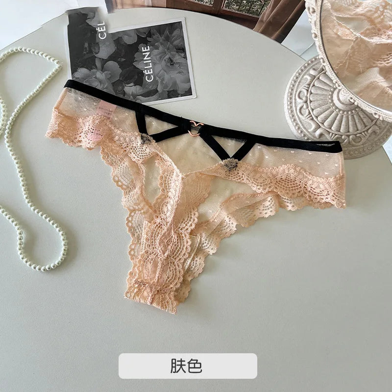 SP&CITY Thin Lace Embroidery Sexy Thongs Love Metal Transparent Women's Underwear Soft Cotton Crotch Hollow Out Panties Tanga.