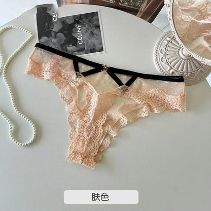 SP&CITY Thin Lace Embroidery Sexy Thongs Love Metal Transparent Women's Underwear Soft Cotton Crotch Hollow Out Panties Tanga.