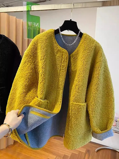 Hochwertige Lammwolljacke für Damen, lockerer warmer Samtmantel, 2025, neuer Frühling und Herbst, große Taschen, modische Oberbekleidung, M-3XL