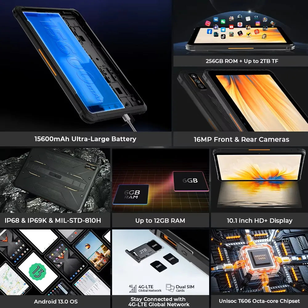 Rugged Tablets HOTWAV R7 12GB(6+6) 256GB 10.1'' 16MP+16MP Android 13.0 15600mAh large battery 20W Dual SIM 4G GPS.