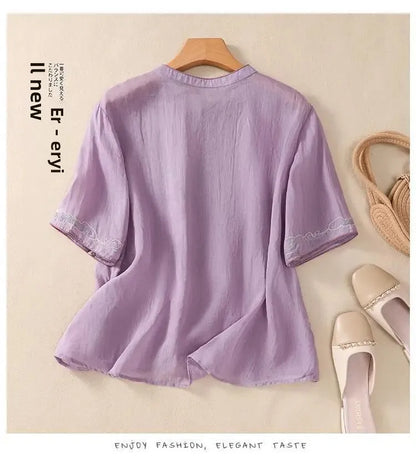 Retro Chinesischen Stil Lose Fit Baumwolle Leinen Kurzarm Shirt frauen Sommer Schwere Stickerei Abnehmen Top Flagge Kleid