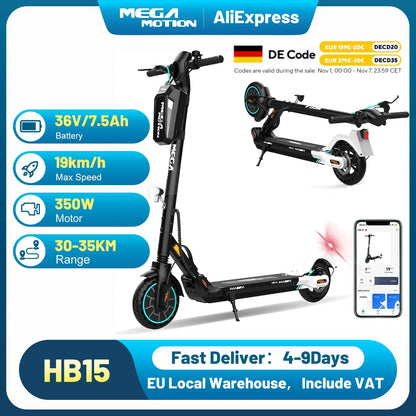 MEGA MOTION Foldable Electric Scooter with App, 350 W Motor, 30-35 km Range, 19 km/h, 8.5 Inch Honeycomb Tyres，ABE qualificatio.