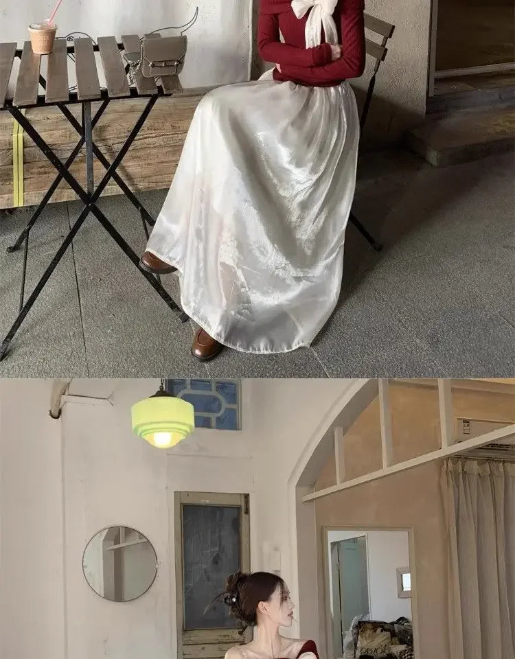 Red One-Shoulder Long-Sleeve Knitted Sweater Women's Spring New Year Slim Fit Short Top Butterfly Knot Decorated Cotton T-shirt.