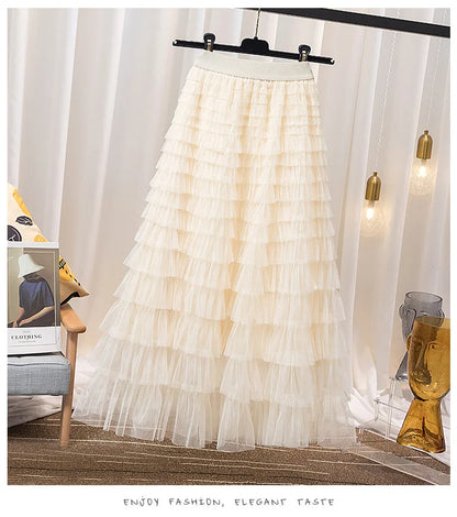 Chamliforve Women Tulle Mesh Skirt Elegant Elastic Waist Fairy Long A-line Tutu Skirt for Spring Summer Long Cake Skirt