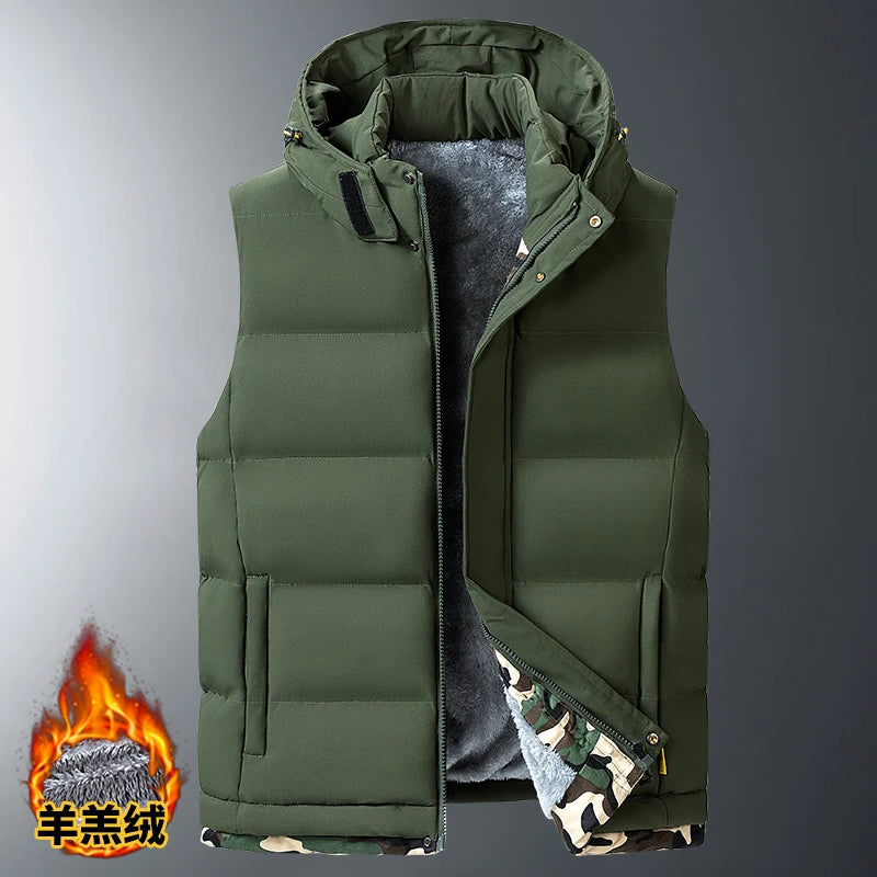M-10XL Oversize Vests New Lambskin Vest Men's Autumn and Winter Warm and Detachable Hooded Youth Vests Windproof Waistcoats.