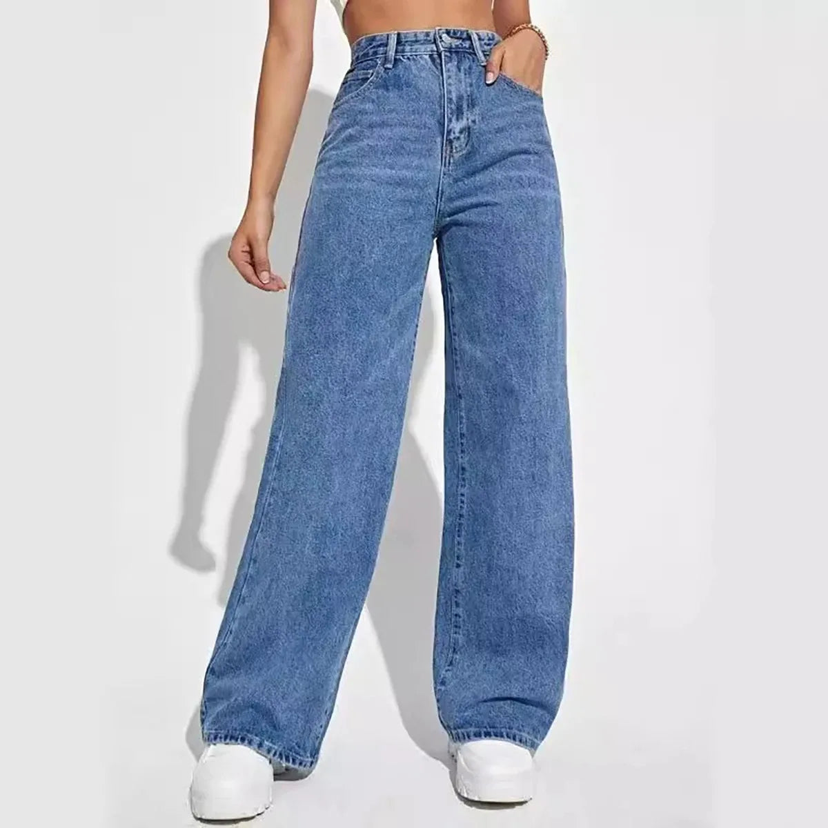 Fashion retro blue jeans women y2k High street baggy straight pants High waisted all-in-one slim pants.