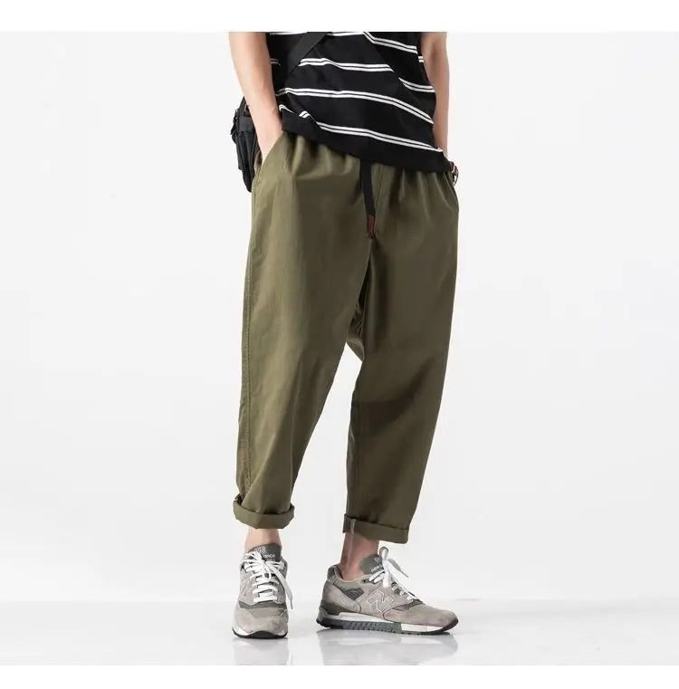 100% Cotton Casual Summer Pants With Belt Men Straight Baggy Ankle-Length Cargo Trousers Wide Leg Sweatpants Male Streetwear.
