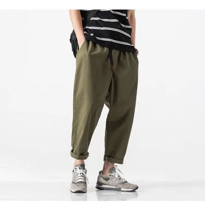 100% Cotton Casual Summer Pants With Belt Men Straight Baggy Ankle-Length Cargo Trousers Wide Leg Sweatpants Male Streetwear.