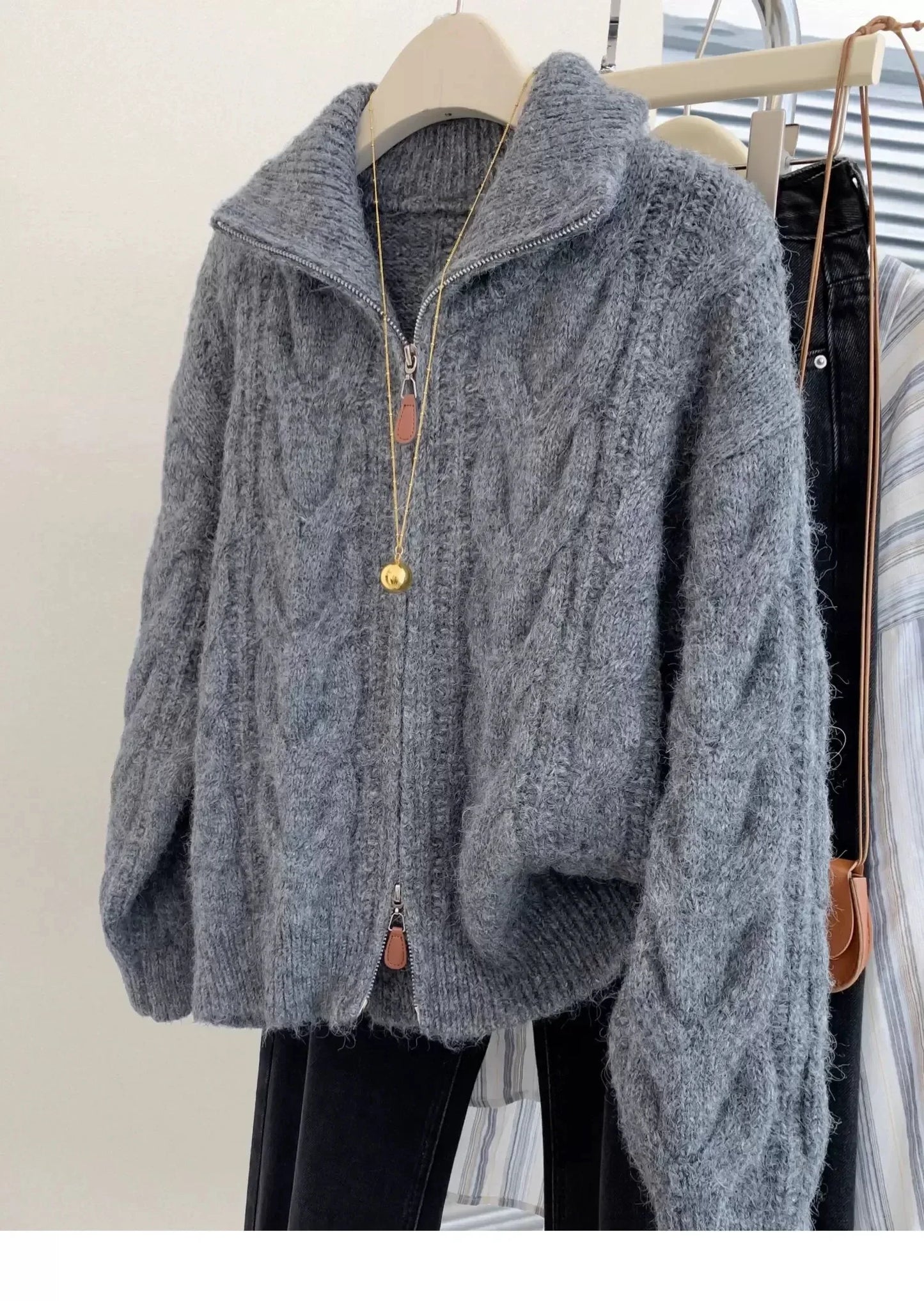 Women Autumn Winter New Lazy Style Loose Knitted Cardigan Retro Solid Color Double Zipper Turn-down Collar Sweater New Women Top