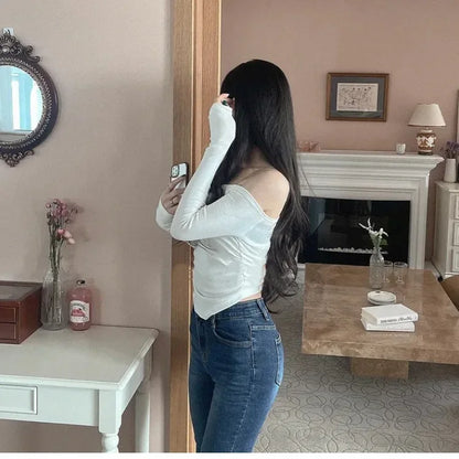 Korean Dongdaemun Fashionable Women's Clothing Off-the-shoulder Sexy Slimming Long Sleeve T-shirt Cropped Top Smooth Silhouette.