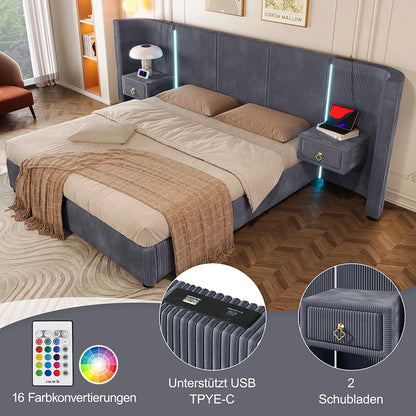 KOMHTOM Polsterbett 180x200cm, Samt mit, LED-Leiste, hydraulischem Stauraum, 2 Schubladen und USB+TYPE-C Anschluss