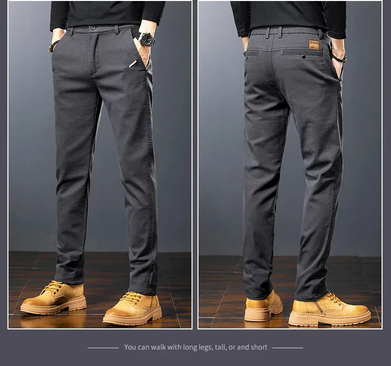 Men's Twill Slim Pants Business Straight Cotton Casual Trousers Brand Fashion Korean Elastic Coffee Black Gray Pant.