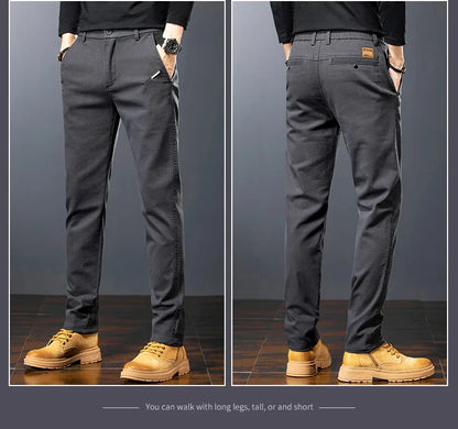 Men's Twill Slim Pants Business Straight Cotton Casual Trousers Brand Fashion Korean Elastic Coffee Black Gray Pant.